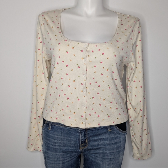 J Crew Cream Pink Yellow Floral Cotton Blend Square Neck Long Sleeve Cardigan - Picture 1 of 7